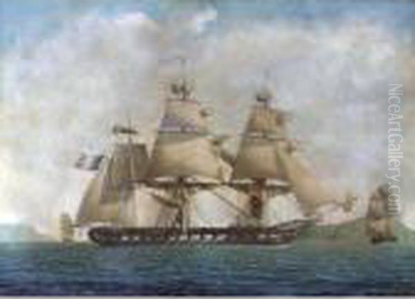 A Forty-gun French Frigate Off The Mediterranean Coast Oil Painting by Frederic Roux