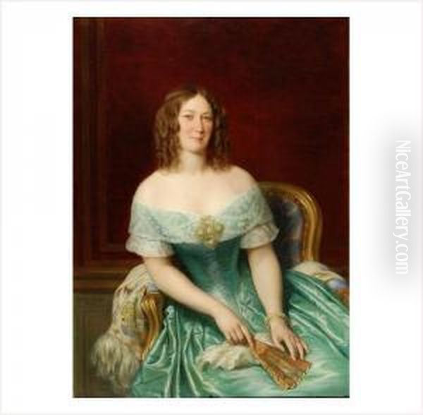 Jeune Femme Aux Anglaises Et Robe Decolletee Verte Oil Painting by Louis Francois Pros. Roux