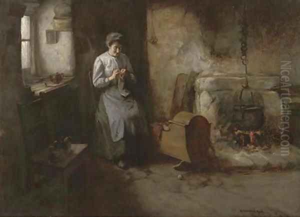 Knitting socks, a mother and baby in a kitchen interior Oil Painting by Henry John Dobson