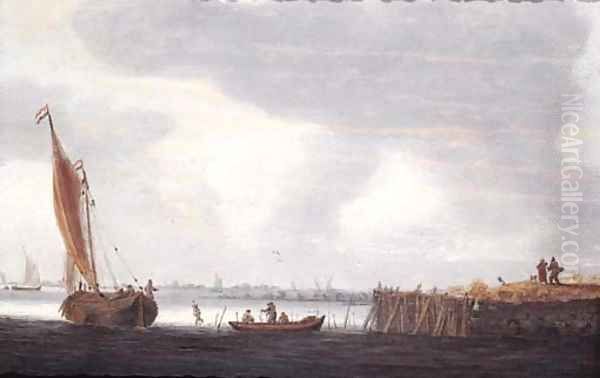 A smalschip setting out from a harbour at dawn with fishermen in a rowing boat Oil Painting by Hieronymous Van Diest