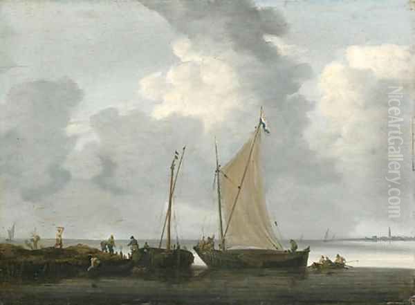 Fishermen unloading their Catch in calm Waters Oil Painting by Hieronymous Van Diest