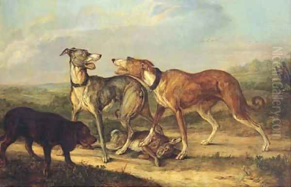 Hounds fighting over a hare in an extensive landscape Oil Painting by Jan Dasveldt