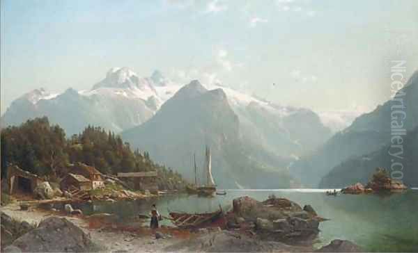 A Norwegian fjord landscape Oil Painting by Johannes-Bertholomaus Dutntze