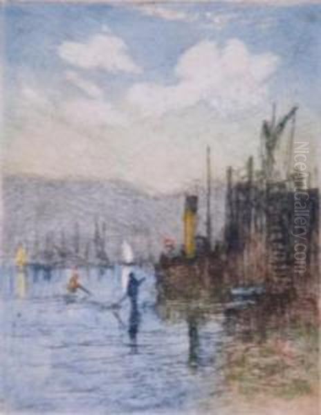 Submarine Pier, Falmouth. Oil Painting by Claude Hamilton Rowbotham