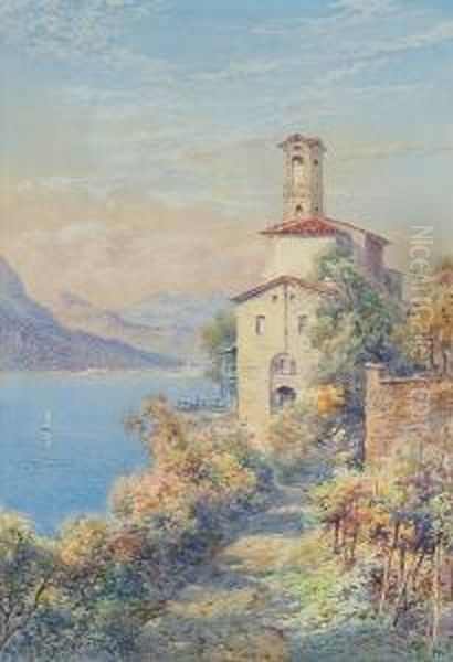 Italian Lakeside Scene With Buildings Oil Painting by Claude Hamilton Rowbotham