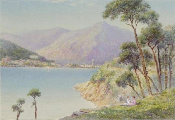 Picnic Overlooking Rapallo; House By An Italian Lake Oil Painting by Claude Hamilton Rowbotham