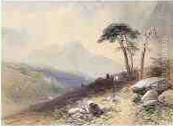 Figures And A Pony In The Highlands Of Scotland Oil Painting by Thomas Leeson Rowbotham