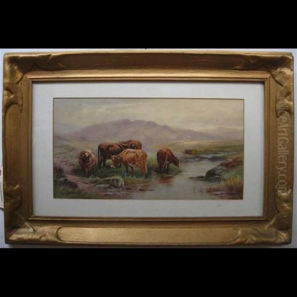 Highland Cattle By Creek Oil Painting by Thomas, Tom Rowden