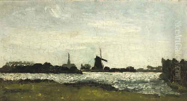 River landscape with steeple and mill Oil Painting by Theo van Doesburg