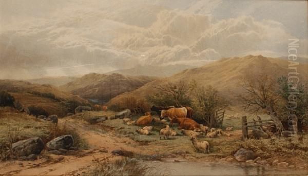 Cattle And Sheep Grazing By A Path In An Extensive Landscape Oil Painting by Thomas, Tom Rowden