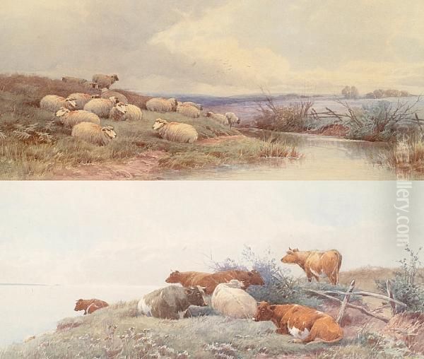 Coastal Scene With Cattle Resting; And Another Of A River Landscape With Sheep Oil Painting by Thomas, Tom Rowden