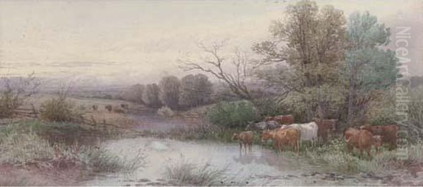 Cattle Watering At Dusk (illustrated); And Sheep Resting By Ariver Oil Painting by Thomas, Tom Rowden