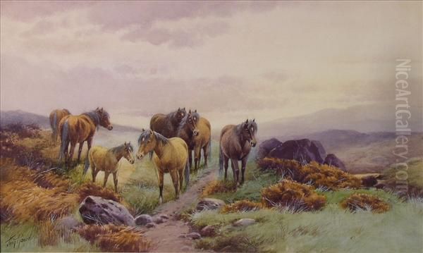 Horses And Ponies On Amoorland Path Oil Painting by Thomas, Tom Rowden