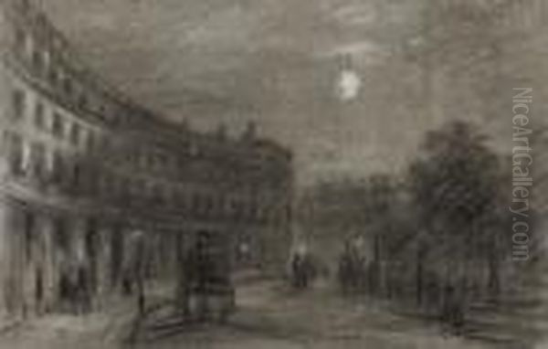 A London Crescent, With A 
Carriage And Elegant Figures, At Dusk Unframed Chalk Drawings, The 
Majority Topographical Subjects And Studies Of Carriages And Elegant 
Figures On London Streets (one Illustrated), Trafalgar Square And Rustic
 Views, One I Oil Painting by George James Rowe