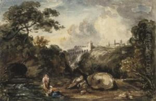 Figures In An Italianate Landscape Oil Painting by George James Rowe