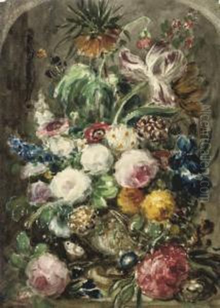 Still Life Of Mixed Flowers In An Urn Oil Painting by George James Rowe