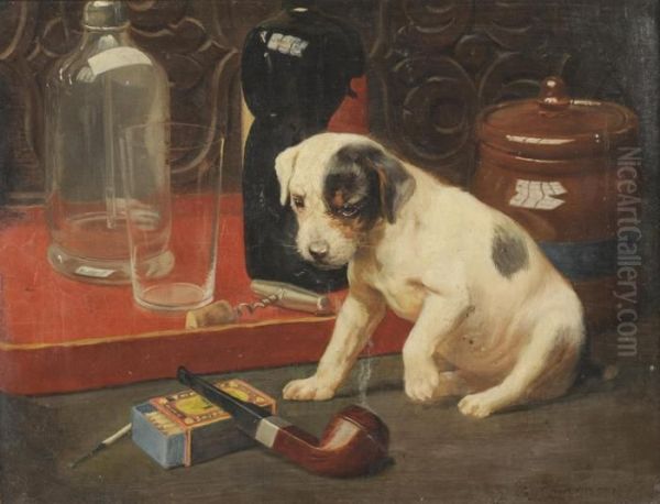 Study Of A Terrier Pup, Looking At A Pipe And Box Of Matches Oil Painting by George Derville Rowlandson