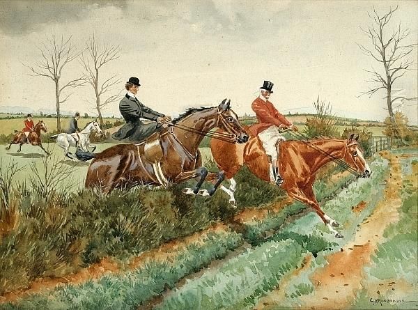 Jumping The Hedge And Crossing The Stream: Two Oil Painting by George Derville Rowlandson