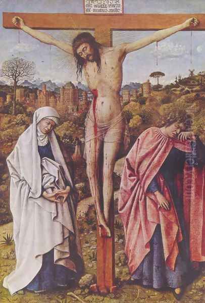 Christ on the cross between Mary and John Oil Painting by Jan Van Eyck