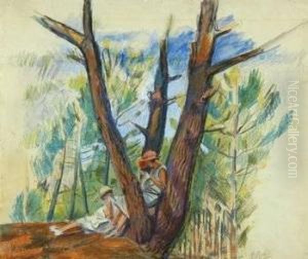 Two Girls Sewing Under Pine Trees In The South Of France Oil Painting by Pierre Roy