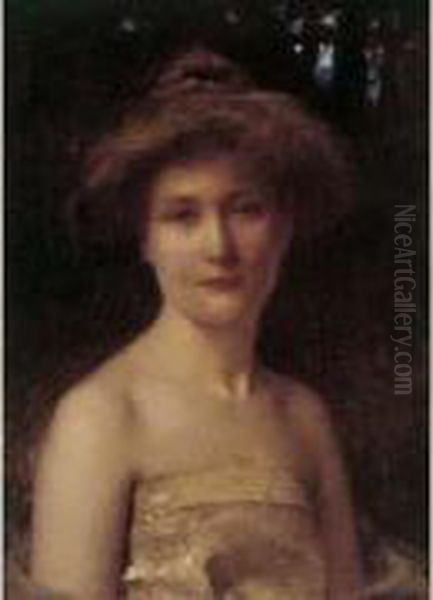 < Portrait De Jeune Femme Dans Un Sous-bois >. Oil Painting by Henri Royer