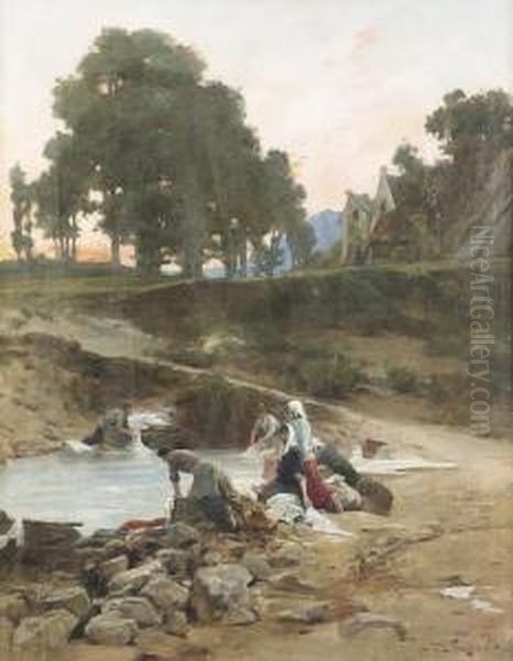 Wascherinnen An Einem Teich. Oil Painting by Lionel Noel Royer