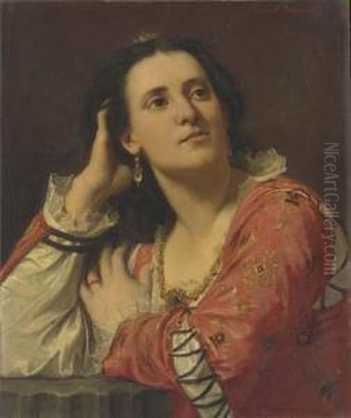 Portrait D'une Jeune Femme Accoudee A Une Colonne Oil Painting by Lionel Noel Royer