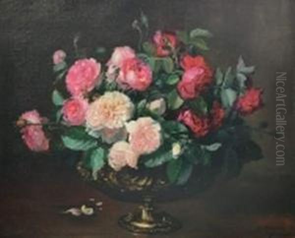 Coupe De Roses Sur Un Entablement Oil Painting by Dominique Rozier