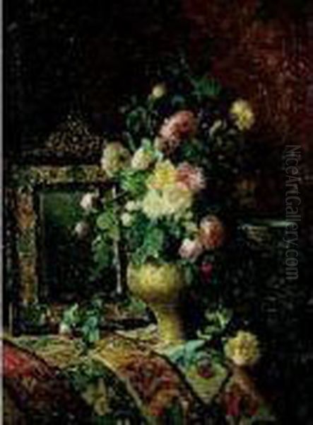 Nature Morte Au Bouquet De Roses Dans Un Vase Ottoman Et Iznik Oil Painting by Dominique Rozier