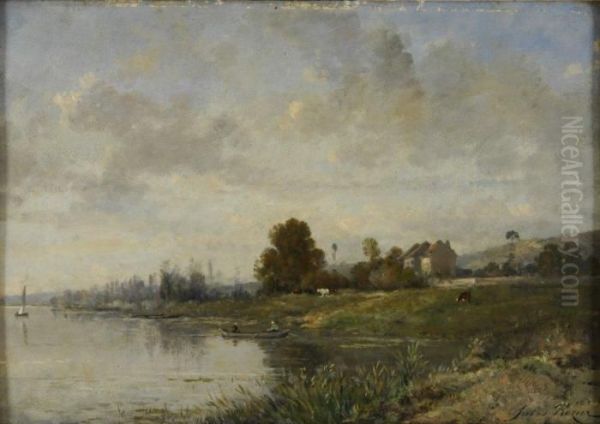 Bords De Riviere A La Barque Oil Painting by Jules Rozier