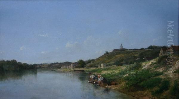 River Landscape With Washer 
Women In Foreground, A Village And Church On Hill In Background Oil Painting by Jules Rozier