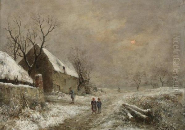 La Sortie Du Village Par Temps De Neige Oil Painting by Jules Rozier