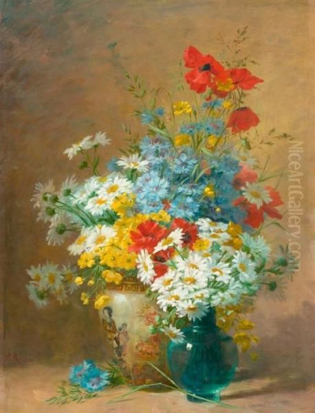 Zwei Blumenstrausse In Glas- Und Keramikvase. Oil Painting by Jules Rozier