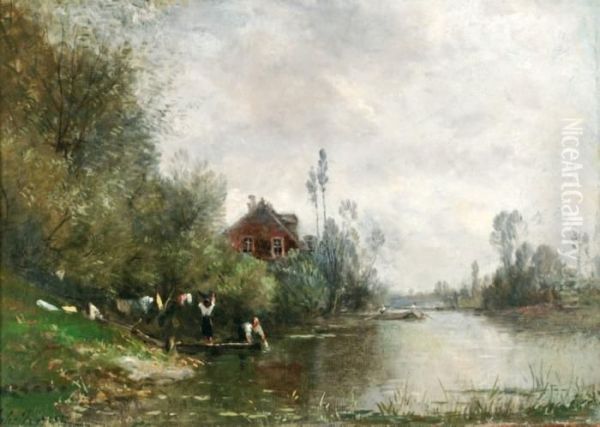 Lavandieres Au Bord De La Riviere Oil Painting by Jules Rozier