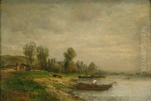 River Scenes A Pair Oil Painting by Jules Rozier