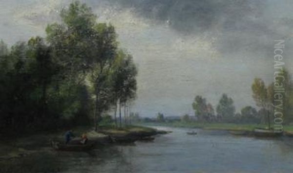 A River Scene; Cattle In A Landscape Oil Painting by Jules Rozier