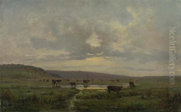 Kuhe Am Weiher. 1864. Oil Painting by Jules Rozier