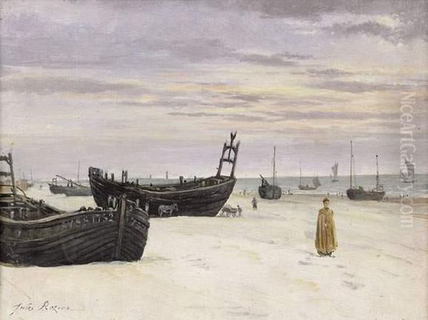 Barques De Peche Echouees Sur La Plage Oil Painting by Jules Rozier