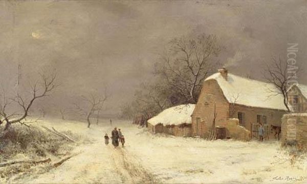 Winterlandschaft Mit Fussgangern. Oil Painting by Jules Rozier