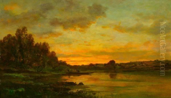 Sunset Over River With Barge And Figures Oil Painting by Jules Rozier