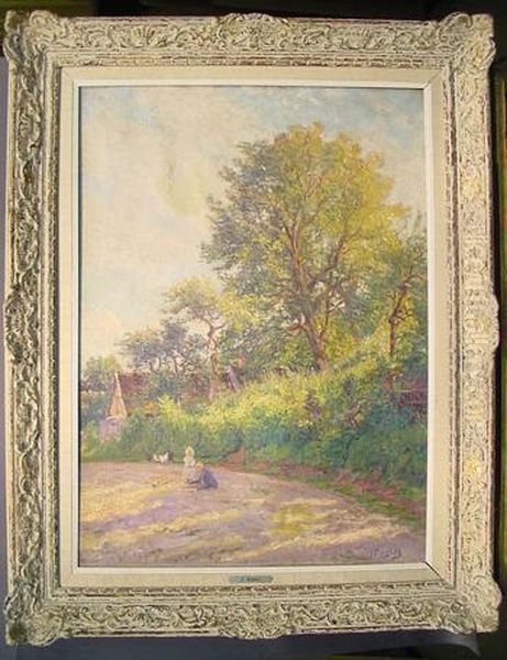 Children At Play On A Country Lane Oil Painting by Jules Rozier