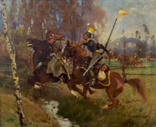 Skirmish With Polish Cavalry Oil Painting by Zygmunt Rozwadowski