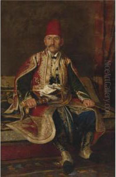 Turkish Noble Seated In A Carpeted Interior Oil Painting by Franz Leo Ruben