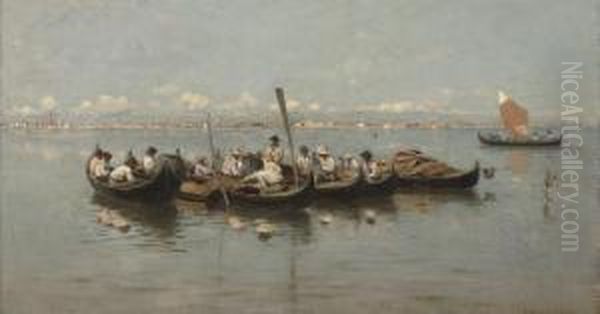 Fishermen On The Venetian Lagoon Oil Painting by Franz Leo Ruben