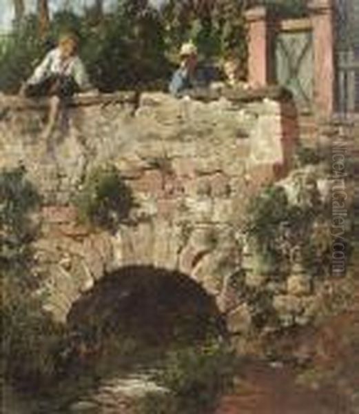 Three Children At A Stone Bridge. Oil/canvas/cardboard, Signed And Inscribed 