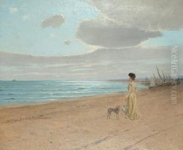 A Lady Looking Out To Sea With A Grey Hound. Oil Painting by Mark Rubovics