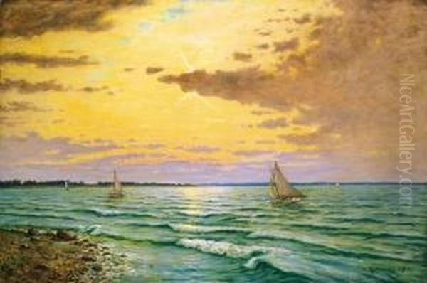 Sailing Boats On Lake Balaton (waving Lake Balaton) Oil Painting by Mark Rubovics