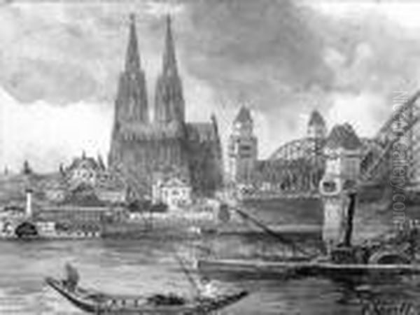 Kolner Rheinuferansicht Mit Dom 
Und Hohenzollernbrucke. Auf Dem Rhein Dampfschiffe Und Kahne Oil Painting by Carl Rudell