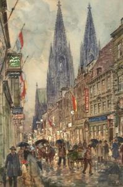 Kolner Komodienstrase Mit Blick Auf Den Dom Im Abendregen Oil Painting by Carl Rudell