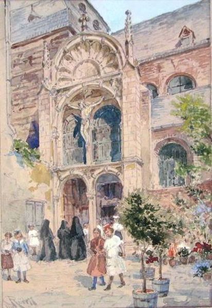 Kirchganger Vor Dem Portal Von St. Georg In Koln. 1925 Oil Painting by Carl Rudell